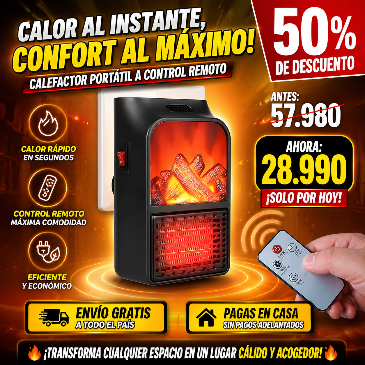 FlameHome™ – Calefactor Portátil con Llama Realista, Control Remoto y Ahorro de Energía