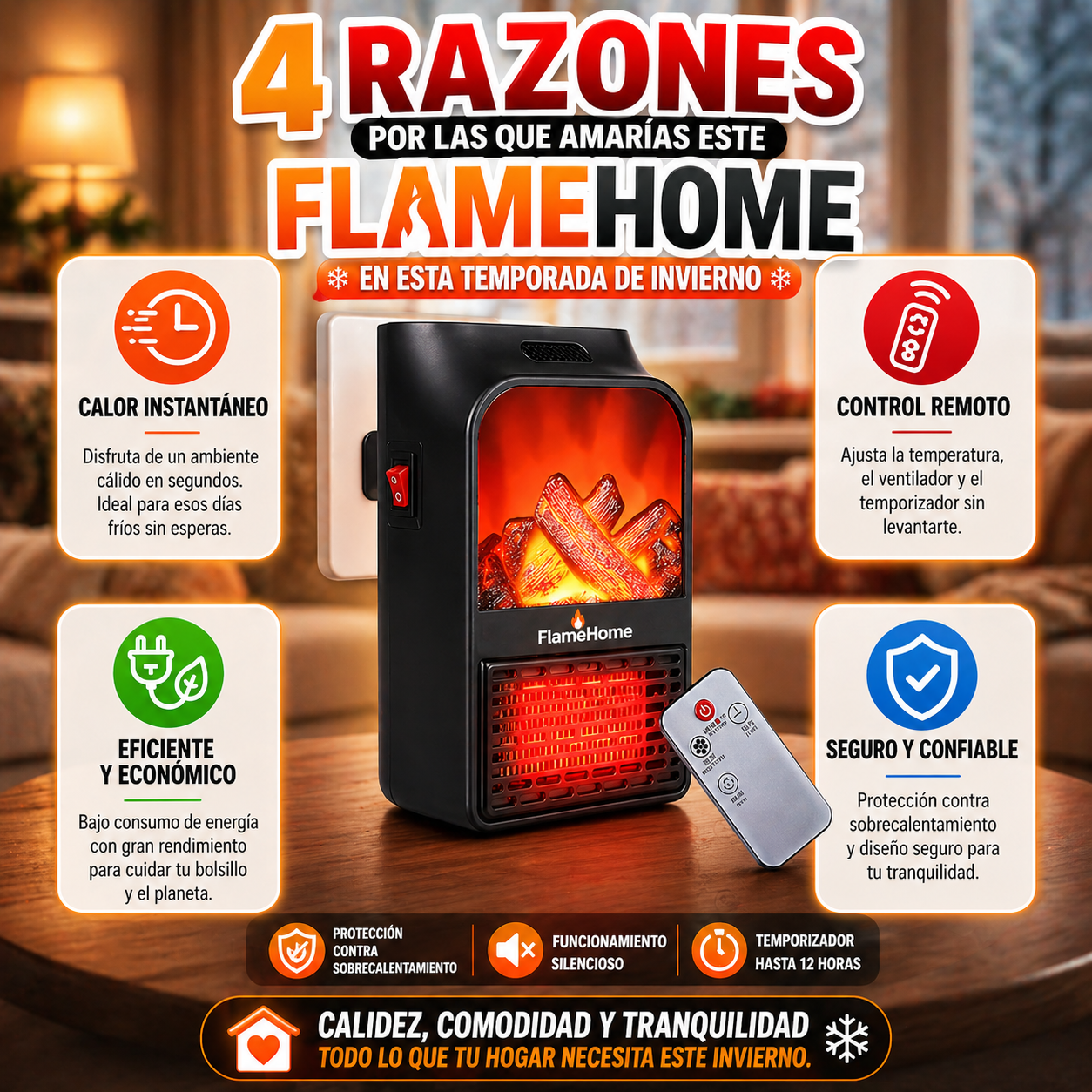FlameHome™ – Calefactor Portátil con Llama Realista, Control Remoto y Ahorro de Energía