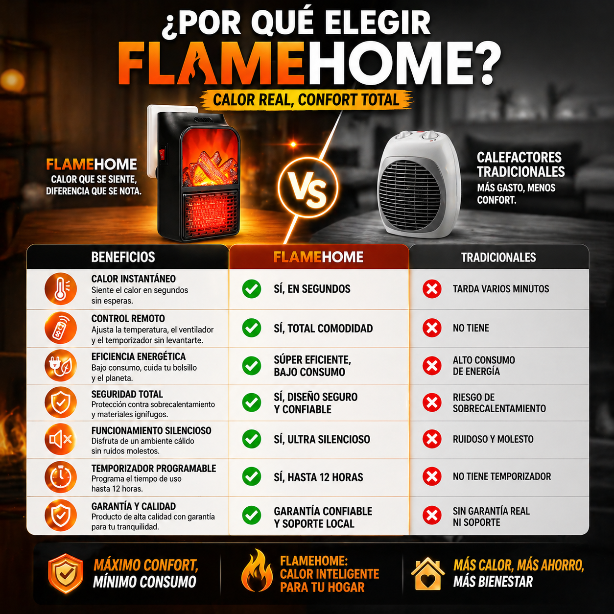 FlameHome™ – Calefactor Portátil con Llama Realista, Control Remoto y Ahorro de Energía