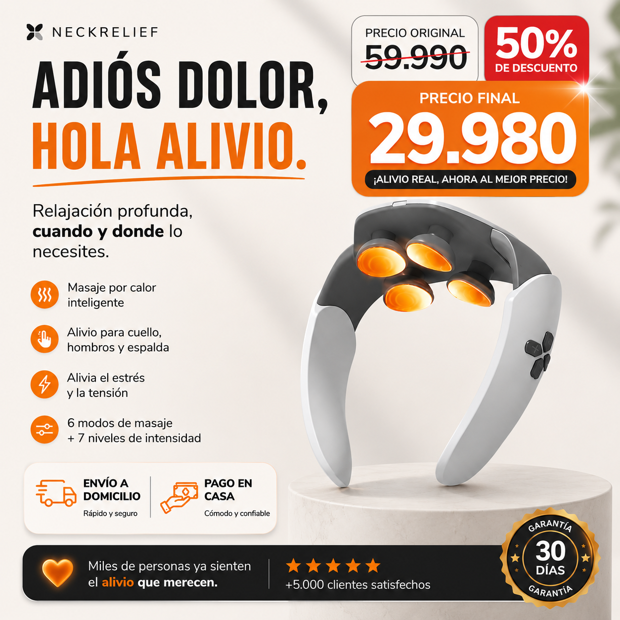 NeckRelief Pro™ – Masajeador Cervical Inteligente con Calor Infrarrojo, Alivio del Dolor y Uso Manos Libres
