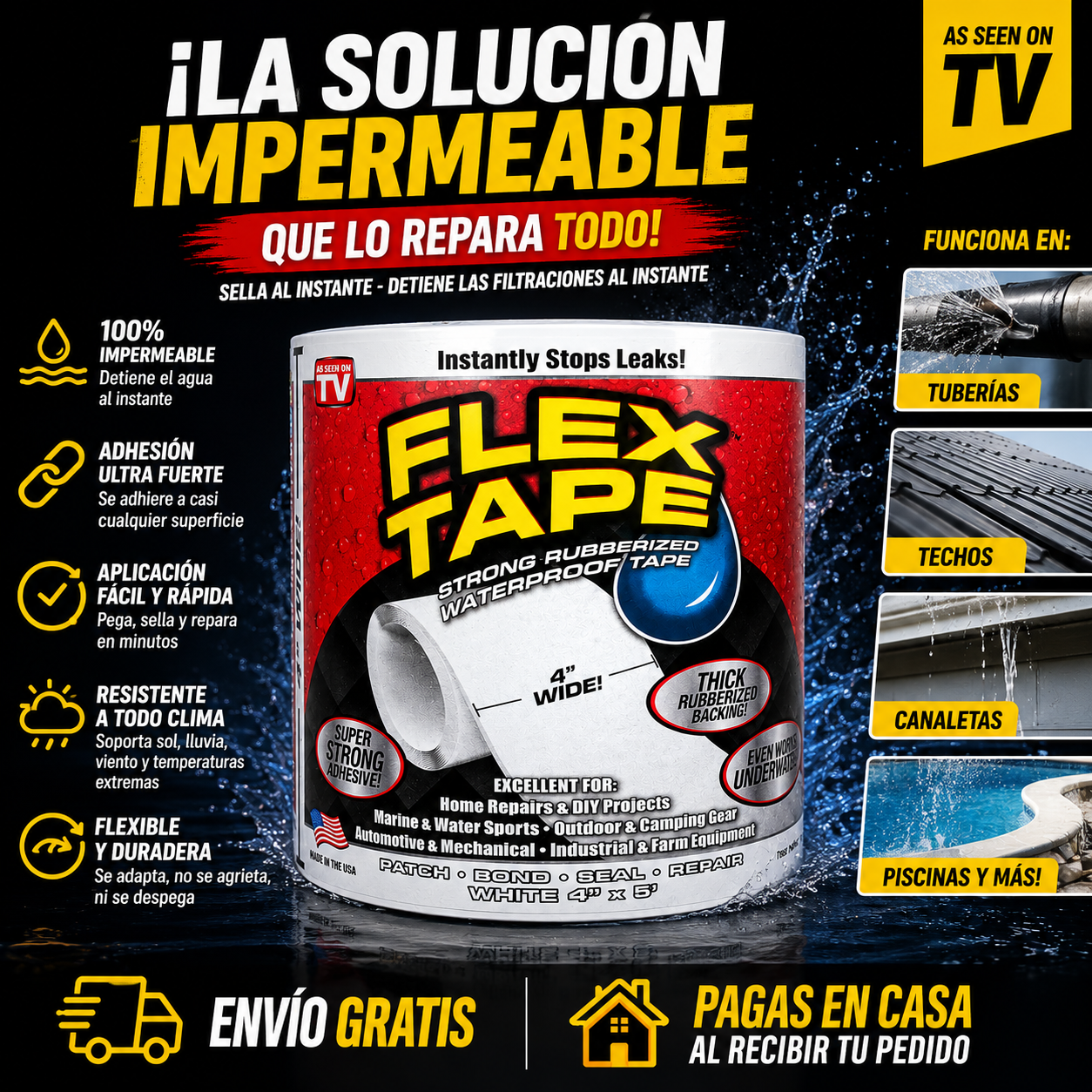 Flek Tape™ – Cinta Impermeabilizante de Alta Resistencia, Sella Grietas y Fugas al Instante en Cualquier Superficie