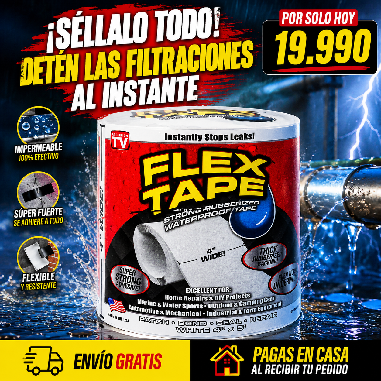 Flek Tape™ – Cinta Impermeabilizante de Alta Resistencia, Sella Grietas y Fugas al Instante en Cualquier Superficie