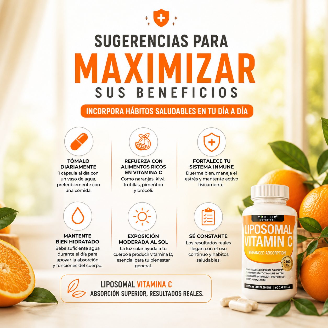 TOPLUX™ Nutrition – Vitamina C Liposomal de Alta Potencia, Fórmula Sin GMO, Protección Inmune y Energía Diaria