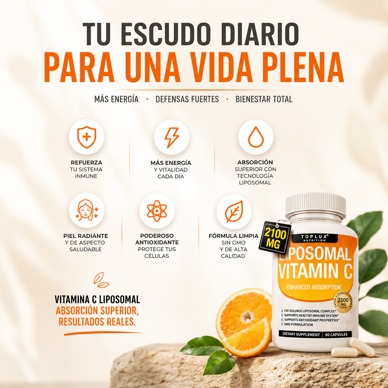 TOPLUX™ Nutrition – Vitamina C Liposomal de Alta Potencia, Fórmula Sin GMO, Protección Inmune y Energía Diaria