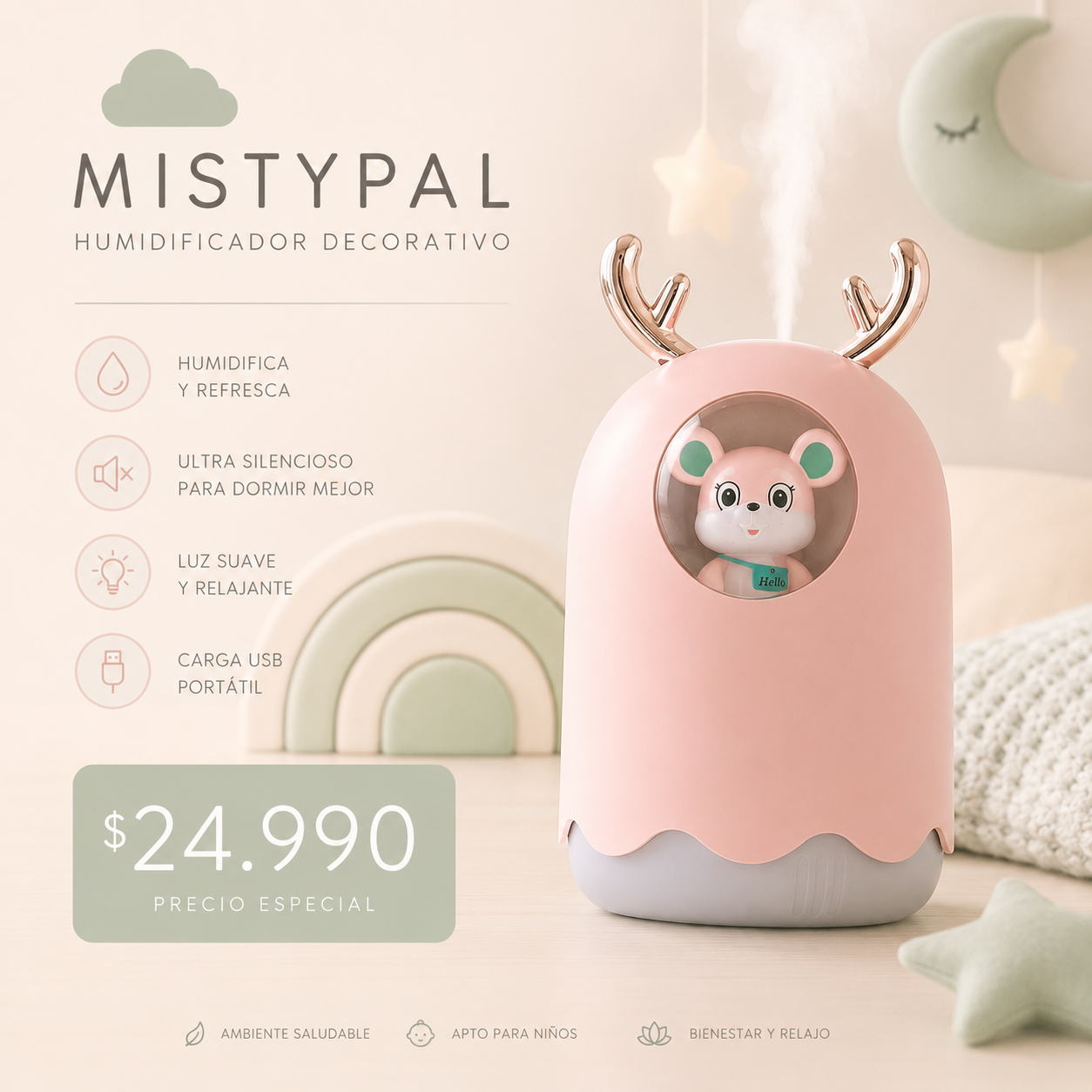 MistyPal™ – Humidificador Decorativo Kawaii con Niebla Fría, Diseño Tierno y Recarga USB Ideal como Regalo